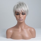 preiswerte Kappenlose Echthaarperücken-Echthaarmischung Perücke Kurz Glatt Natürlich gerade Pixie-Schnitt Seitenteil Stufenhaarschnitt Asymmetrischer Haarschnitt Weiß Braun Cosplay Lockenwickler &amp; Richtmaschine Natürlicher Haaransatz
