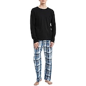 billiga Pyjamas-Herr Vardagsklädsel Sovkläder Pyjamas set Pyjamastopp och byxa 2 delar Rutig Stylish Ledigt Komfort Hem Dagligen Bomullsblandning Komfort Rund hals Långärmad T-shirt Byxa Snörning Elastisk midja