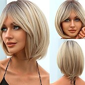 cheap Older Wigs-Synthetic Wig Straight Neat Bang Wig Short Light golden Synthetic Hair Women&#039;s Fashionable Design Soft Natural Blonde