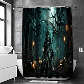 baratos Cortinas de chuveiro de Halloween-Cortina de chuveiro de terror de Halloween com ganchos para cortina de chuveiro de banheiro conjunto de decoração de banheiro de poliéster à prova d&#039;água 12 pacotes de ganchos de plástico decoração de