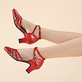 preiswerte Lateinamerikanische Schuhe-Rote Latein-Tanzschuhe für Damen – glänzende Kunstleder-Absätze mit Mesh-Einsätzen und Knöchelriemen für Standardtanz, Salsa und Auftritte