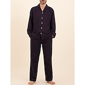 billiga Pyjamas-Herr Vardagsklädsel Sovkläder Pyjamas set Pyjamastopp och byxa 2 delar Rand Stylish Ledigt Komfort Hem Dagligen Polyester Komfort Kavajslag Långärmad Skjorta Byxa Snörning Elastisk midja Vår Höst