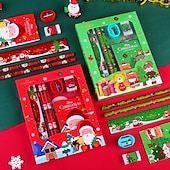 abordables fournitures de peinture, de dessin et d&#039;art-6 pièces/ensemble coffret cadeau de papeterie portable de noël contient 2 crayons 1 taille-crayon 1 gomme 1 règle 1 papier autocollant pour les élèves du primaire enfants apprenant le prix du cadeau