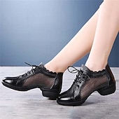 abordables Baskets de danse-Chaussures de danse à lacets en cuir et maille blanche pour femmes, avec semelle souple et flexible, baskets de jazz respirantes pour la pratique latine, la salle de bal et l&#039;entraînement physique.