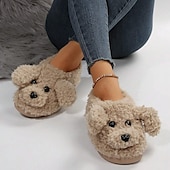 economico Ciabatte e infradito da donna-graziose pantofole in pile con faccia di cane per donna – calde e comode scarpe da interno con un design di cucciolo di peluche