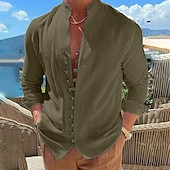 billiga Semester-Herr Skjorta linneskjorta Sommarskjorta Casual skjorta Knapp upp skjorta Slät Semester Curise Svart Vit Rodnande Rosa Blå Långärmad Bandkrage Sommar Vår &amp; Höst Kläder