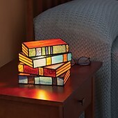 cheap Statues-Stained Glass Stacked Books Lamp, Colored Glass Stacked Book Lamp Resin Handicraft Desk Lamp, Christmas Decor Gift