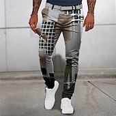 billiga Smal-Rutig Geometri Ledigt Herr 3D-utskrift Byxor Utomhus Dagliga kläder Streetwear Polyester Blå Brun Grön S M L Medium Midja Elasticitet Byxor