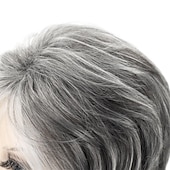 cheap Older Wigs-Short Grey Pixie Cut Wigs for Women layered Synthetic Hair Mixed Gray Wig with White Bangs Natural Wavy Wigs for Old Lady