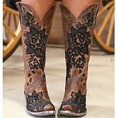 cheap Cowboy &amp; Western Boots-Women&#039;s Brown Western Cowboy Boots with Intricate Black Floral Lace Embroidery - Ideal for Country Weddings, Rustic Events, and Western-Themed Parties