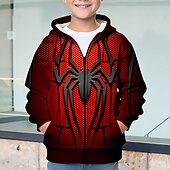 billiga Pojkens 3D-djur-Halloween Pojkar 3D SPIDER Huvtröja Kappa Ytterkläder Långärmad 3D-tryck Höst Vinter Mode Streetwear Häftig Barn 3-12 år Utomhus Ledigt Dagligen Normal