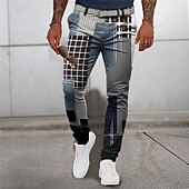 billiga Smal-Rutig Geometri Ledigt Herr 3D-utskrift Byxor Utomhus Dagliga kläder Streetwear Polyester Blå Brun Grön S M L Medium Midja Elasticitet Byxor