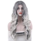 economico Parrucche per travestimenti-parrucche costume grigio argento per le donne halloween ricci ondulati lunghi moda cosplay ombre nero mix parrucche di capelli grigi