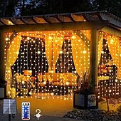 abordables Guirlandes solaires-3*3m 300 led solaire rideau lumière extérieure télécommande lumière 8 modes d&#039;éclairage guirlandes ip65 étanche fil de cuir lumières fête de noël mariage maison chambre jardin décoration murale