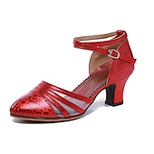 preiswerte Lateinamerikanische Schuhe-Rote Latein-Tanzschuhe für Damen – glänzende Kunstleder-Absätze mit Mesh-Einsätzen und Knöchelriemen für Standardtanz, Salsa und Auftritte