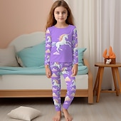 billiga Flickans 3D-tecknad film-Flickor 3D Enhörnings Pyjamasset Rosa Långärmad 3D-tryck Höst Vinter Aktiv Mode söt stil Barn 3-12 år Rund hals Hem Casual Inomhus Normal