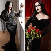 levne Paruky filmových postav-dospělý addams family deluxe morticia paruka dlouhé černé syntetické vlasy paruky halloween paruky