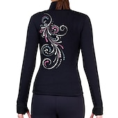 cheap Figure Skating Jackets &amp; Vests-Figure Skating Fleece Jacket Women&#039;s Girls&#039; Ice Skating Jacket Top Black Thumbhole Stretchy Training Competition Skating Wear Thermal Warm Crystal / Rhinestone Long Sleeve Ice Skating Figure Skating