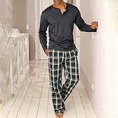 economico Pigiami-Per uomo Abbigliamento da Casa Pigiami Set Pigiama Top e pantaloni del pigiama 2 Pezzi Plaid Elegante Casual Comfort Casa Quotidiano Poliestere Comodità Henley Manica Lunga Maglietta Pantalone