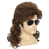 cheap Historical Wigs-Long Dark Brown Wig Rock Star Style Mullet Cosplay Wig 70s 80s Costume Wig Carnival Curly Hair Party Wigs Halloween Wigs