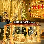 abordables Guirlandes solaires-3*3m 300 led solaire rideau lumière extérieure télécommande lumière 8 modes d&#039;éclairage guirlandes ip65 étanche fil de cuir lumières fête de noël mariage maison chambre jardin décoration murale