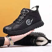 cheap Winter &amp; Snow Boots-Men&#039;s Black Faux Leather Ankle Boots with Warm Plush Lining and Rugged Non-Slip Sole - Stylish and Comfortable for Cold Weather and Outdoor Activities