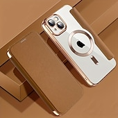 abordables Coques iPhone-Coque de téléphone MagSafe avec dos transparent et fente pour carte – couvercle rétro cuir PU pour iPhone 16e 16 15 Pro Max Plus 14 13 12 11