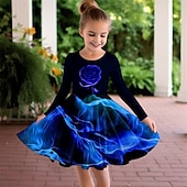cheap 3D Flower Dress-Girls&#039; 3D Rose Dress Long Sleeve 3D Print Fall Winter Vacation Sports &amp; Outdoor Daily Cute Casual Beautiful Kids 3-12 Years Casual Dress A Line Dress Above Knee Regular Fit
