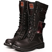 levne Biker Boots-pánské černé boty na motorku z umělé kůže s kovovými špičkami - robustní šněrovací motorkářské boty pro ježdění a outdoorová dobrodružství