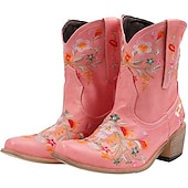 abordables Cowboy y botas occidentales-Botas vaqueras occidentales vintage para mujer: botines de piel sintética con bordados florales para uso informal y festivo