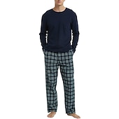 billiga Pyjamas-Herr Vardagsklädsel Sovkläder Pyjamas set Pyjamastopp och byxa 2 delar Rutig Stylish Ledigt Komfort Hem Dagligen Bomullsblandning Komfort Rund hals Långärmad T-shirt Byxa Snörning Elastisk midja