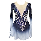 cheap Figure Skating Dresses-Figure Skating Dress Women&#039;s Girls&#039; Ice Skating Dress Blue+Light Blue Patchwork Open Back Mesh Spandex Stretchy Training Practice Professional Skating Wear Crystal / Rhinestone Long Sleeve Figure