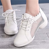 abordables Baskets de danse-Chaussures de danse à lacets en cuir et maille blanche pour femmes, avec semelle souple et flexible, baskets de jazz respirantes pour la pratique latine, la salle de bal et l&#039;entraînement physique.