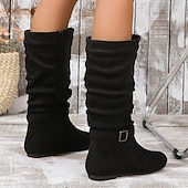olcso Slouch Boots-fekete, lábszárközépig érő női csizma csatos pánttal és oldalsó cipzárral, kényelmes lapos sarkú, hétköznapi őszi és téli ruhákhoz