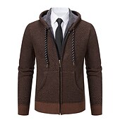 お買い得  メンズカーディガンセーター-男性用 カーディガンセーター ジップセーター 秋のセーター リブ ニット レギュラー ポケット ニット 平織り フード付き ウォームアップ 現代コンテンポラリー デイリーウェア お出かけ 衣類 冬 ワインレッド ブルー S M L