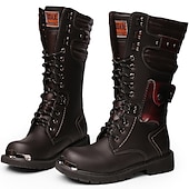 levne Biker Boots-pánské černé boty na motorku z umělé kůže s kovovými špičkami - robustní šněrovací motorkářské boty pro ježdění a outdoorová dobrodružství