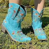 abordables Cowboy y botas occidentales-Botas vaqueras occidentales vintage para mujer: botines de piel sintética con bordados florales para uso informal y festivo