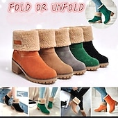 cheap Snow &amp; Winter Boots-Women&#039;s Faux Suede Ankle Boots with Fleece Lining and Fold-Over Cuff, Block Heel Winter Boots Available in Multiple Colors