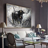 preiswerte Tiergemälde-Handgefertigtes Ölgemälde auf Leinwand, Wandkunst, Dekoration, schwarz-weißer abstrakter Tier-Stier für Heimdekoration, gerolltes, rahmenloses, ungedehntes Gemälde