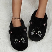ieftine Flip-Flops de Damă-papuci de pisică de pluș pentru femei - papuci confortabili de interior cu blană, cu urechi drăguțe și broderie pentru îmbrăcăminte de iarnă acasă