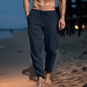 cheap Holiday-Men&#039;s Linen Pants Trousers Summer Pants Beach Pants Pocket Drawstring Elastic Waist Plain Comfort Soft Daily Weekend Streetwear Casual Black White Micro-elastic