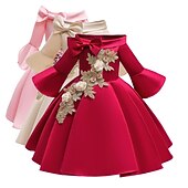 ieftine Rochii de Petrecere-Copii Fete Rochie de petrecere Floral Lungime Manșon 3/4 Oficial Performanță Nuntă Nodul cravatei Modă Adorabil Bumbac Midi Rochie de petrecere Rochie cu broderie florală Rochie de Fata de Flori Var