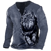 cheap Animal-Men&#039;s Graphic Wolf Henley Shirt Long Sleeve 3D Print Fashion Daily Casual Casual Holiday Going out Spring &amp;  Fall Green Army Green Dark Blue Dark Gray Henley Henley T-Shirt