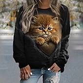 abordables Animales Tops-Sudadera de mujer con estampado de gato, informal, deportiva, activa, cuello redondo, manga larga, top microelástico, caída&amp;amp;Tejido suave, transpirable y cómodo para el invierno.