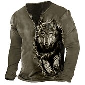 cheap Animal-Men&#039;s Graphic Wolf Henley Shirt Long Sleeve 3D Print Fashion Daily Casual Casual Holiday Going out Spring &amp;  Fall Green Army Green Dark Blue Dark Gray Henley Henley T-Shirt