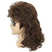 cheap Historical Wigs-Long Dark Brown Wig Rock Star Style Mullet Cosplay Wig 70s 80s Costume Wig Carnival Curly Hair Party Wigs Halloween Wigs