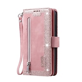 abordables Carcasas Samsung-Funda para teléfono para Samsung Galaxy Z Fold 5 Z Fold 4 Z Fold 3 Funda de billetera con cremallera protección completa con correa para muñeca color liso de cuero PU