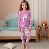 billiga Flickans 3D-tecknad film-Flickor 3D Enhörnings Pyjamasset Rosa Långärmad 3D-tryck Höst Vinter Aktiv Mode söt stil Barn 3-12 år Rund hals Hem Casual Inomhus Normal