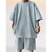 billiga Set med herr-T-shirts-Herr T-shirtkostymer Träningsoverall Tennisskjorta Shorts och T-shirt set Kort ärm Rund hals Sommar Rutig Slät Gymnastik Ledigt 2 st Semester Dagliga kläder Sportkläder Svart Vit Grå Topp t-shirt för