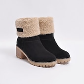 cheap Snow &amp; Winter Boots-Women&#039;s Faux Suede Ankle Boots with Fleece Lining and Fold-Over Cuff, Block Heel Winter Boots Available in Multiple Colors